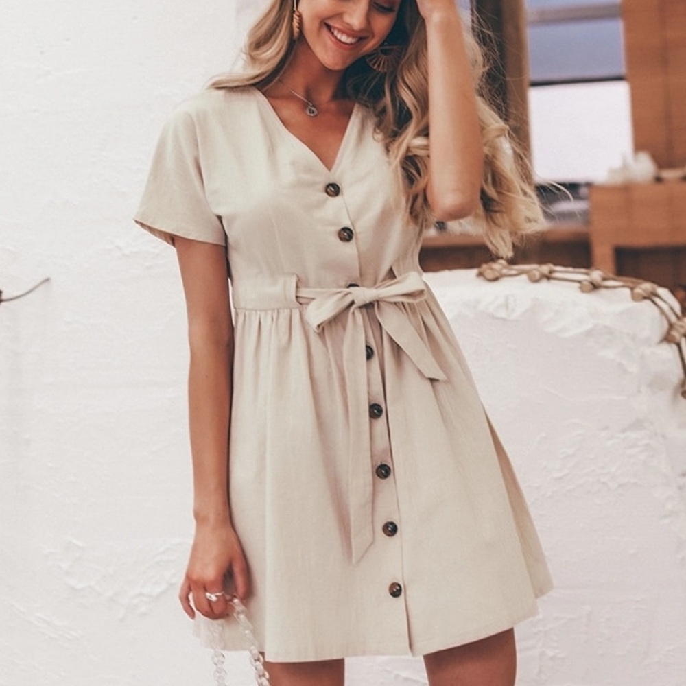 NEW ✨ Tan Linen Flowy Light Summer Button Dress